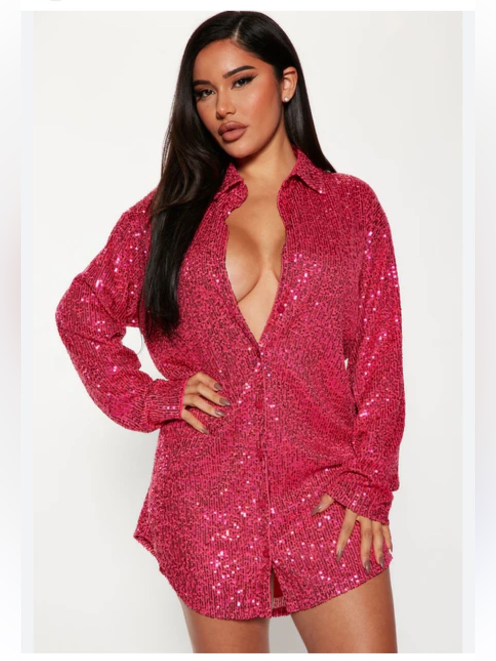 NWT Fashion Nova Hot Pink Sequin Button-Down Dress XS